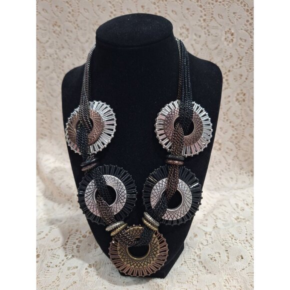 Bold Multi-Textured Black & Silver Statement Necklace - Picture 1 of 3